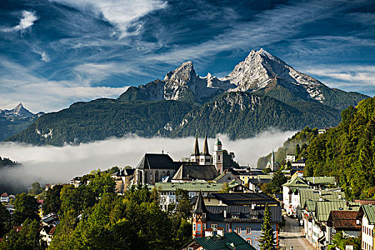 风景,城镇,教区教堂,教堂,圣彼得,瓦茨曼山,后面,贝希特斯加登地区,上巴伐利亚,巴伐利亚,德国,欧洲