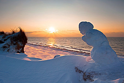 雪人,日落,红色,悬崖,冬天,靠近,岛屿,石荷州,德国,欧洲