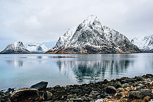 风景,雪山,岩石,海岸线,瑞恩,罗弗敦群岛,挪威