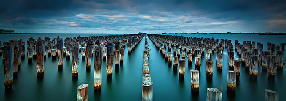 老,码头,树桩,蓝色海洋,水,港口,墨尔本