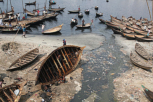 降落,堤岸,污染,水,威胁,水平,长,达卡,孟加拉,六月,2007年