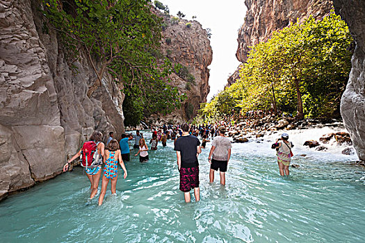 游客,水,峡谷,靠近,费特希耶,海岸,地中海,土耳其,小亚细亚