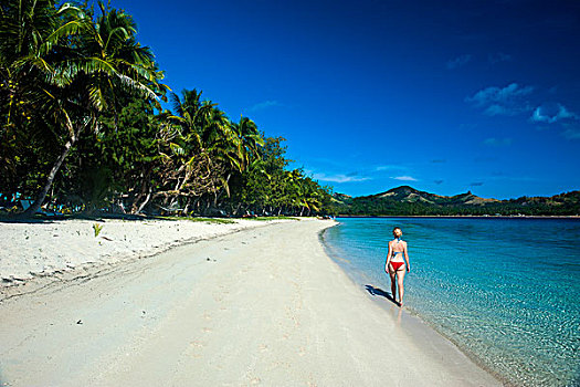 女人,走,白沙滩,岛屿,蓝色泻湖,斐济,南太平洋