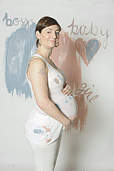 孕妇,正面,粉色,蓝色,涂绘,照料,墙壁