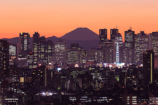 晚间,山,富士山,高层建筑