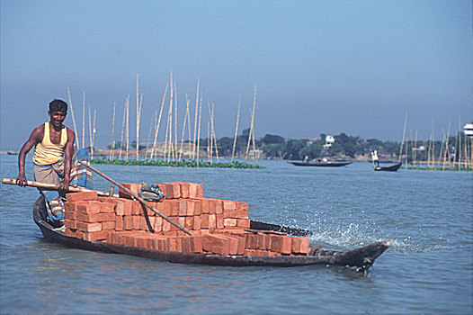 船,运输,砖,建筑工程,孟加拉,乡村,区域,许多,水系,达卡