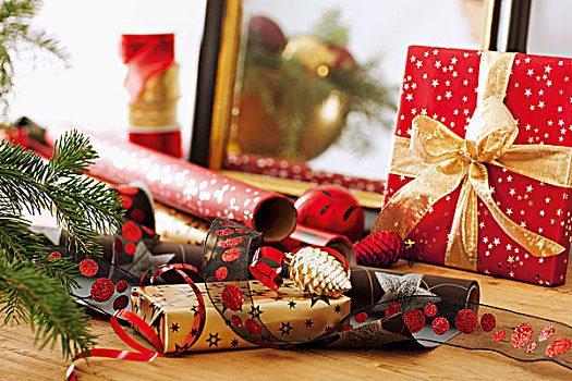 包装纸,带,靠近,包装,圣诞礼物,蝴蝶结