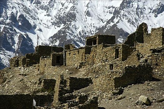 套装,石头,房子,正面,积雪,山,斜坡,顶峰,安娜普纳地区,尼泊尔
