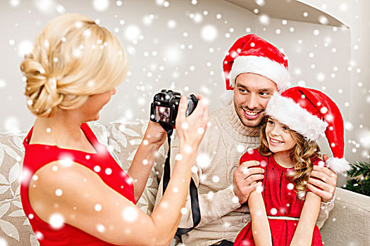 家庭,圣诞节,圣诞,冬天,高兴,人,概念,母亲,照相,微笑,父亲,女儿,圣诞老人,帽子
