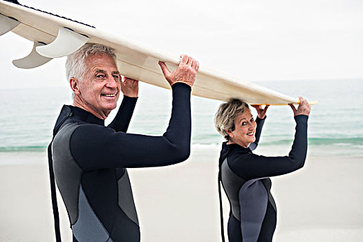 头像,老年,夫妻,潜水服,冲浪板,上方,头部,迎面,海滩