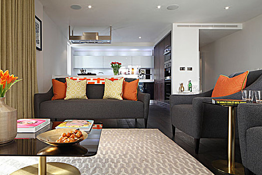 客厅,私人住宅,现代,室内设计,灰色,沙发,橙色,垫子