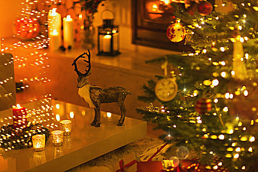 驯鹿,装饰,环境,客厅,蜡烛,圣诞树