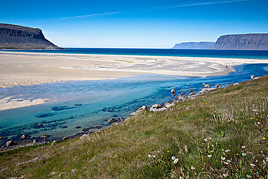 欧洲,冰岛,斯奈山半岛,北大西洋,景色,风景,水,沙子,悬崖,草