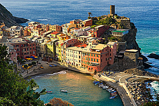 彩色,房子,渔港,维纳扎,早晨,亮光,世界遗产,五渔村国家公园,利古里亚,意大利,欧洲