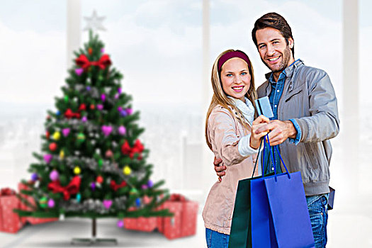 合成效果,图像,微笑,情侣,展示,信用卡,购物袋,家,圣诞树
