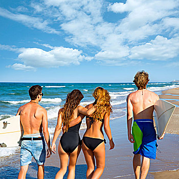 青少年,冲浪,男孩,女孩,走,后视图,海滩