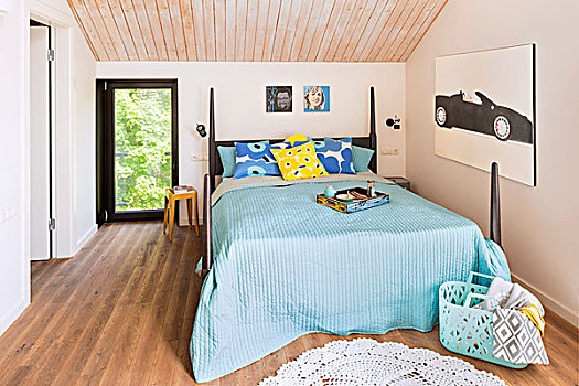 青绿色,床单,双人床,角,柱子,现代,卧室,天花板