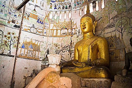 佛,坐,古老,佛教,庙宇,老挝