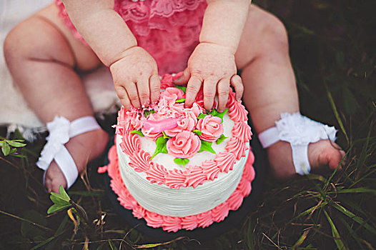 局部,女婴,接触,粉色,玫瑰,生日蛋糕