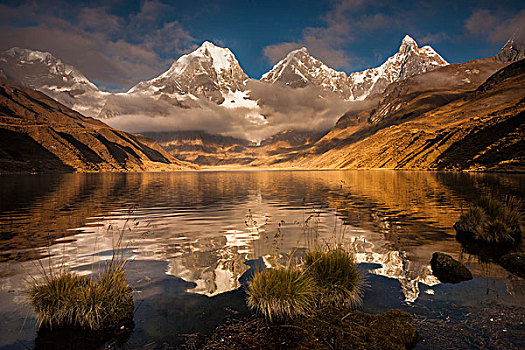 大,顶峰,显现,早晨,云,反射,湖,安第斯山,秘鲁