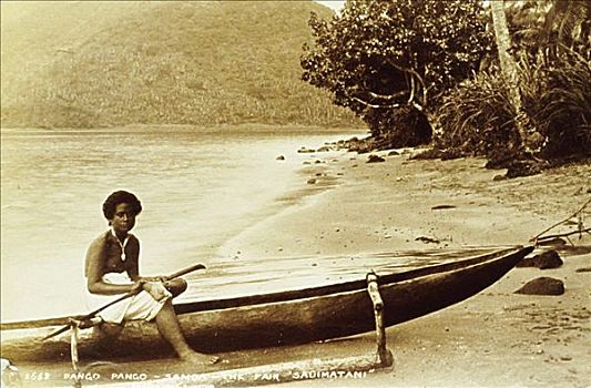 夏威夷,档案,女青年,坐,独木舟,海洋