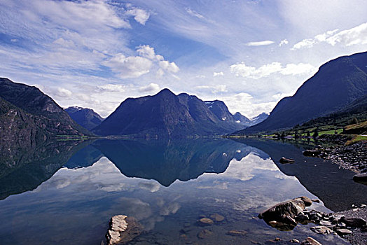 欧洲,挪威,山,反射,清晰,水,峡湾