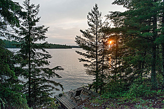 俯拍,椅子,平台,湖,木头,安大略省,加拿大