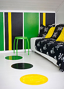 黑色,投掷,垫子,沙发,绿色,凳子,阁楼,房间,彩色,条纹,墙壁