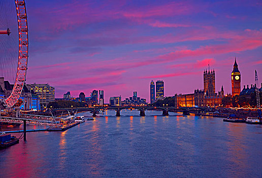 伦敦,日落,天际线,泰晤士河