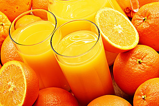 构图,两个,玻璃杯,橙汁,水果