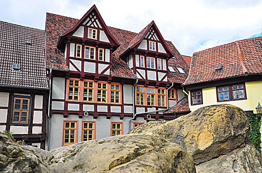 德国,萨克森安哈尔特,奎德琳堡,城堡山,半木结构房屋