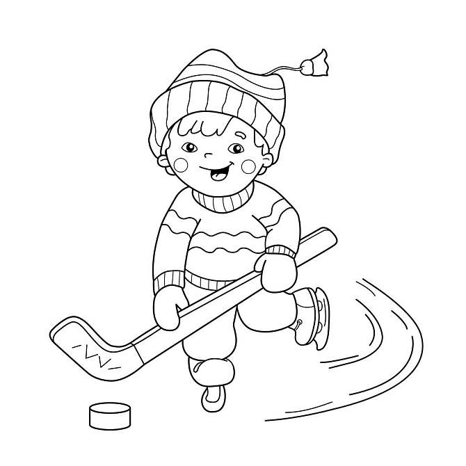 上色_书页_轮廓_卡通_男孩_玩_冰球_冬季运动_上色画册_儿童_高清图片
