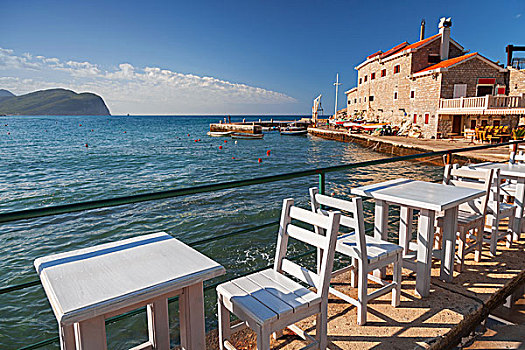 白色,木椅,桌子,站立,亚德里亚海,海岸,黑山