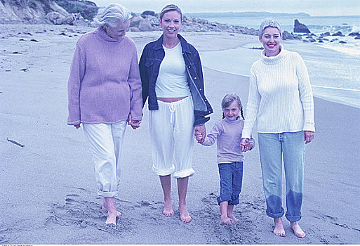 四代人,女人,走,海滩