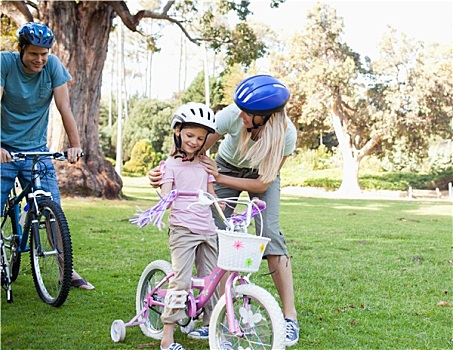 母亲,帮助,女儿,就绪,骑自行车