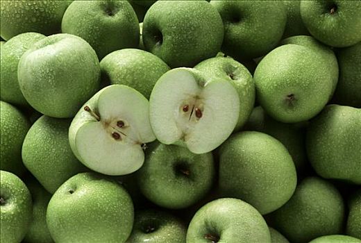 澳洲青苹果,苹果,水滴,一个,平分