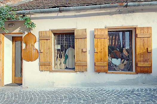 小提琴,店,历史建筑,特兰西瓦尼亚,罗马尼亚,欧洲
