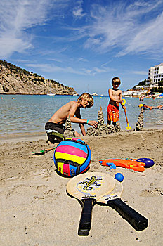 孩子,玩,海滩,伊比萨岛,松树,岛屿,巴利阿里群岛,西班牙,欧洲