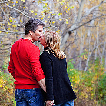 夫妻,走,吻,公园,艾伯塔省,加拿大