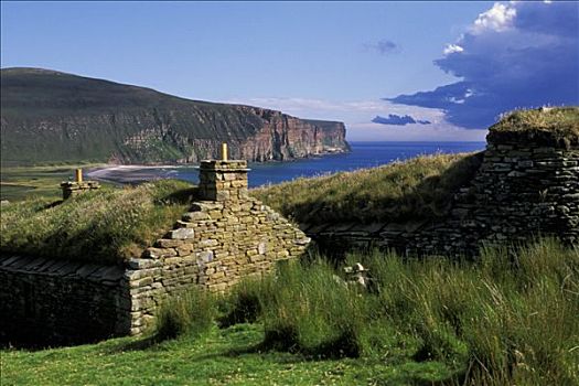 苏格兰,奥克尼,古老,传统,农场,岛屿,悬崖,海边