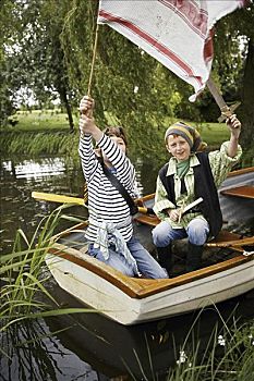 男孩,划桨船,装扮,海盗