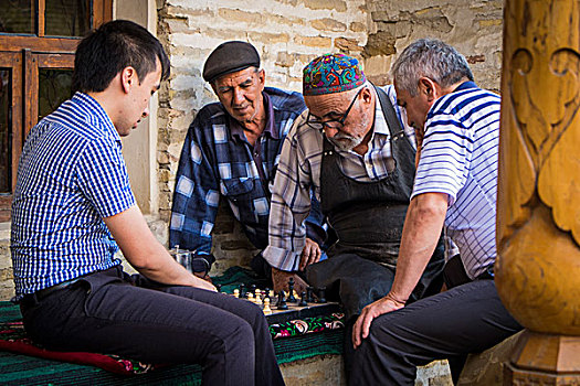 布哈拉,乌兹别克斯坦,中亚,群体,玩,下棋