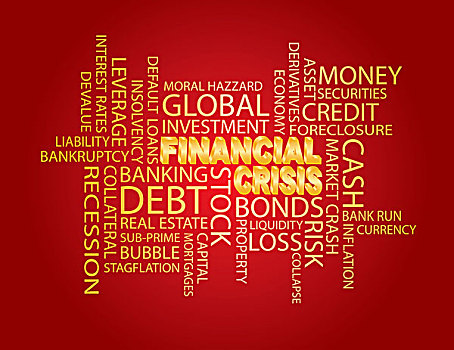 金融,危机,文字,云,红色背景