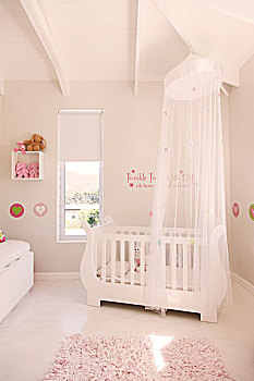 白色,婴儿床,薄纱,篷子,淡色调,彩色,婴儿室