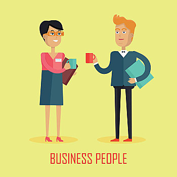 商务人士,咖啡时间,企业团队,放松,概念,两个,同事,沟通,微笑,年轻,设计,矢量,插画