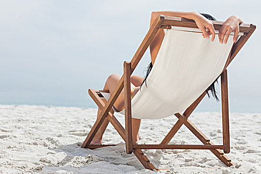 女人,躺着,折叠躺椅,海滩
