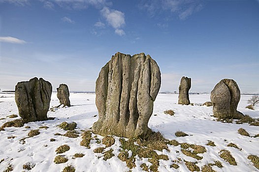 英格兰,诺森伯兰郡,四个,石头,五个,史前,巨石阵,积雪,山顶,圆,思考