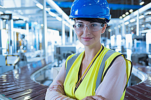 头像,自信,女工,安全帽,防护眼镜,工厂