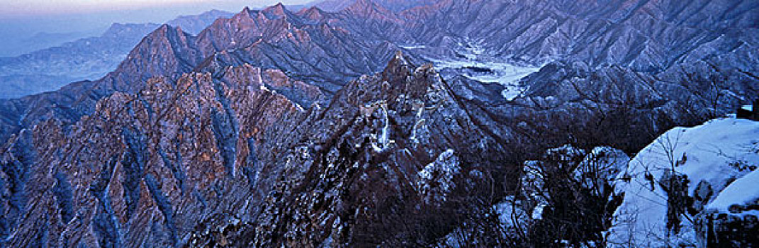 亚洲,中国,河北,长城,弯曲,积雪,山