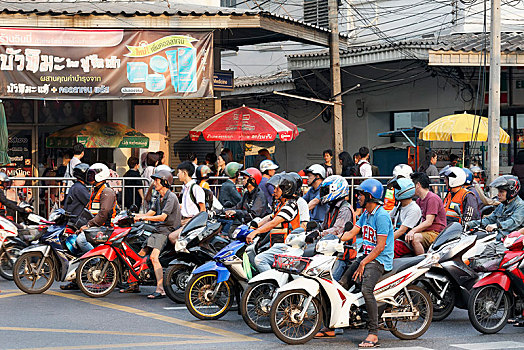 许多,摩托车,驾驶员,等待,交叉,早晨,交通,曼谷,泰国,亚洲